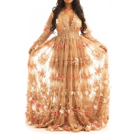 NEW Nichole Lynel the Label Full Bloom Gown Multi Pink/Medium Tan Medium